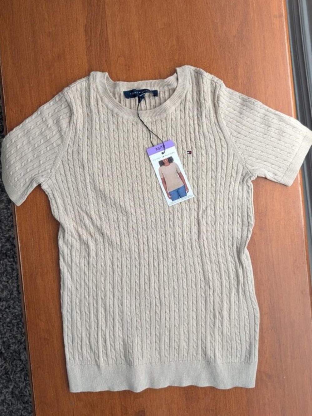 Men's Short-Sleeve Cable Knit Sweater - Beige and blue (Swipe to see 🩷)